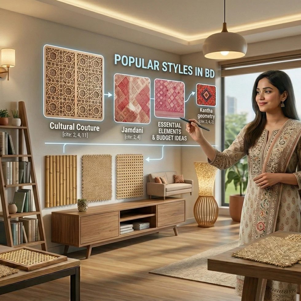 Modern living room in Dhaka featuring jute rugs, bamboo furniture, and soft LED lighting.
